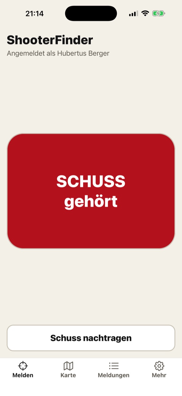 Startbildschirm mit großem Knopf „SCHUSS gehört“